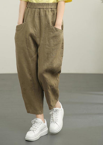 Women Chocolate Elastic Waist Linen Summer Pants - SooLinen