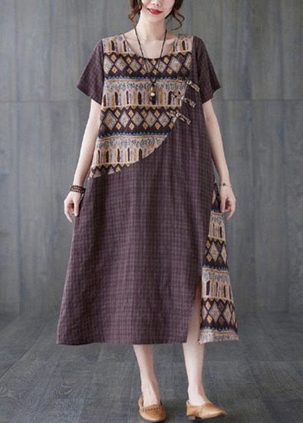 Women Chocolate Patchwork Print Oriental Party Summer Cotton Dress - SooLinen