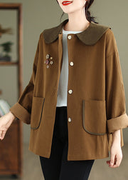 Women Chocolate Peter Pan Collar Patchwork Cotton Coat Spring