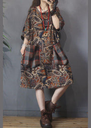 Women Chocolate Print Cotton Dress Patchwork Summer Dress - SooLinen