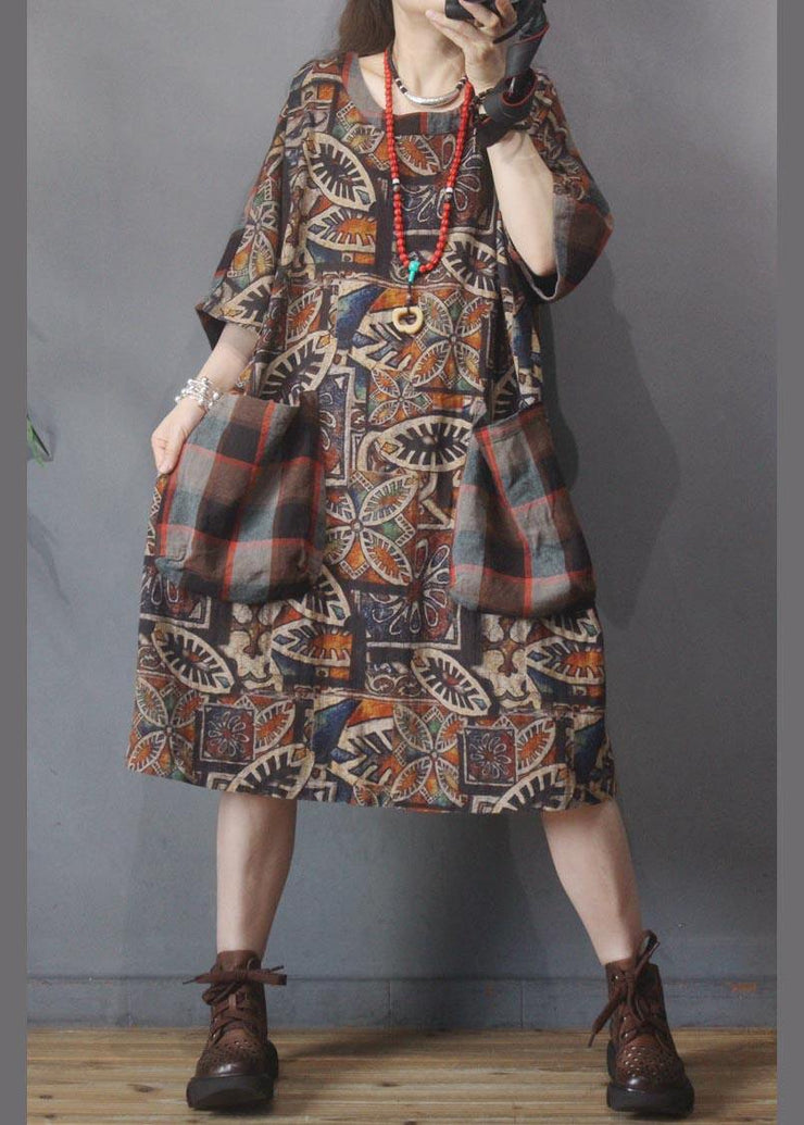 Women Chocolate Print Cotton Dress Patchwork Summer Dress - SooLinen