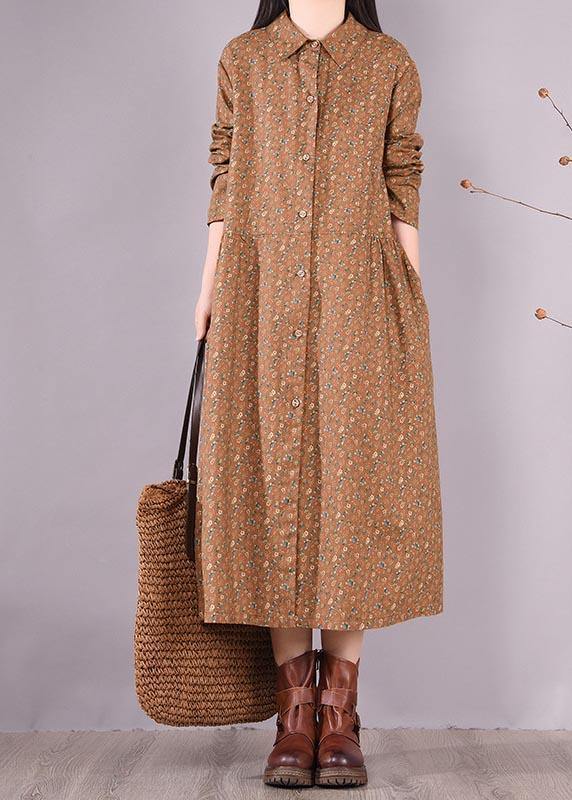 Women Chocolate Print Dress Lapel Button Down Daily Spring Dress - SooLinen