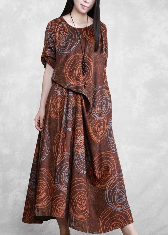 Women Chocolate Print Quilting Clothes O Neck Asymmetric Plus Size Spring Dresses - SooLinen