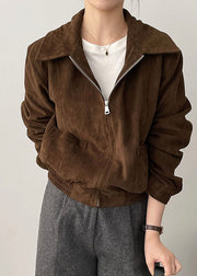 Women Chocolate Zip Up Pockets Patchwork Faux Suede Coat Long Sleeve