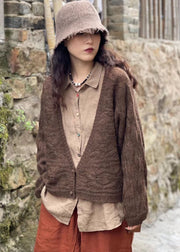 Women Chocolate retro V Neck Button Fall Wool Knit Coat