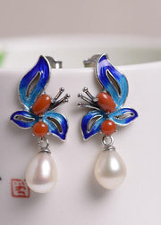 Women Cloisonne Butterfly Pearl Metal Stud Earrings