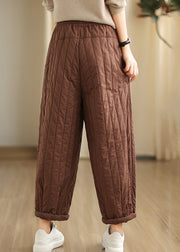 Women Coffee Cinched Pockets Patchwork Fine Cotton Filled Pants Winter