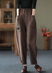 Women Chocolate Colour Pockets Elastic Waist Cotton Pants Fall