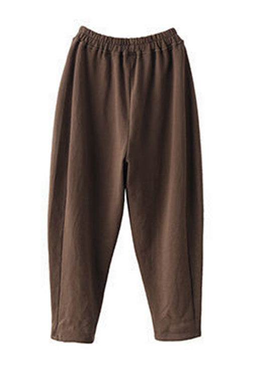 Women Chocolate Colour Pockets Elastic Waist Cotton Pants Fall