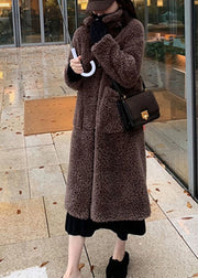 Women Chocolate Colour Stand Collar Button Faux Fur Maxi Coats Winter