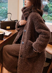 Women Chocolate Colour Stand Collar Button Faux Fur Maxi Coats Winter