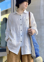 Women Chocolate Embroidered Button Peter Pan Collar Linen shirt Top Long Sleeve