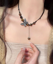 Women Coffee Hand Knitting Butterfly Tassel Pendant Necklace