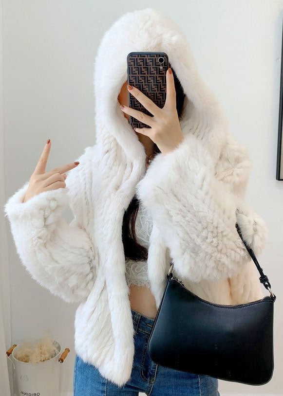 Women Chocolate Hooded Solid Color Rabbit Hair Knit Jacket Winter