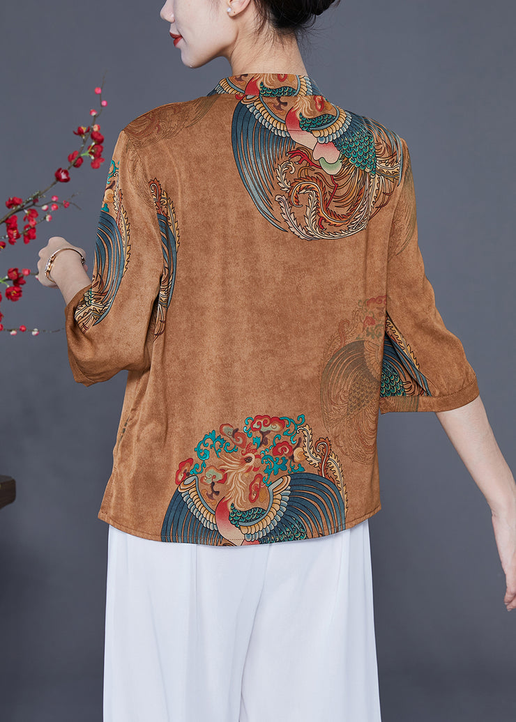 Women Coffee Mandarin Collar Chinese Button Tassel Print Silk Top Bracelet Sleeve