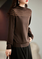 Women Coffee Nail Bead Tulle Patchwork Knit Top Long Sleeve