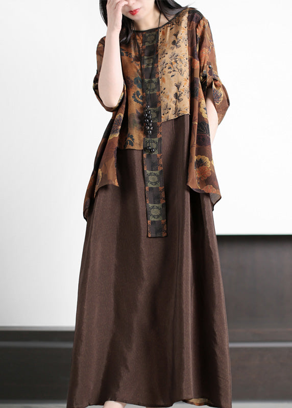 Women Coffee O-Neck Asymmetrical Print Silk Long Dress Summer
