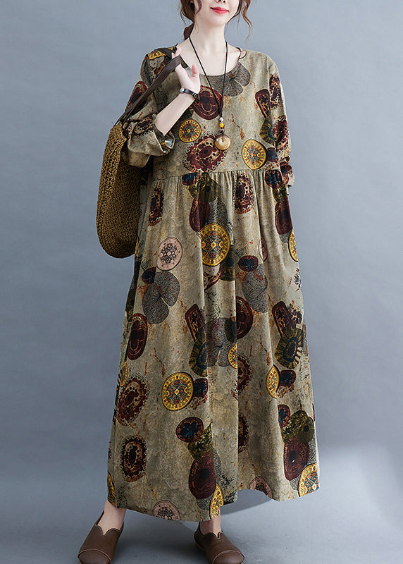 Women Chocolate O-Neck Cinched pockets Print Robe Dresses Long Sleeve