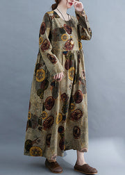 Frauen Coffee O-Neck Cinched Taschen Print Robe Kleider Langarm