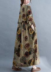 Women Chocolate O-Neck Cinched pockets Print Robe Dresses Long Sleeve