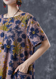 Women Coffee O-Neck Floral Print Linen Long Dress Summer