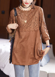 Women Coffee O Neck Lace Patchwork Top Long Sleeve