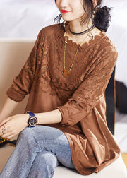 Women Coffee O Neck Lace Patchwork Top Long Sleeve