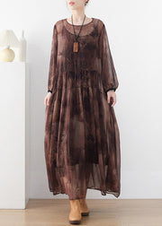 Women Chocolate O-Neck Print Chiffon Long Dress And Spaghetti Strap Dress Two Pieces Set Long Sleeve