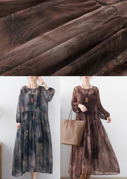 Women Chocolate O-Neck Print Chiffon Long Dress And Spaghetti Strap Dress Two Pieces Set Long Sleeve