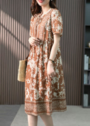 Women Coffee O-Neck Print Patchwork Silk Long Dress Summer