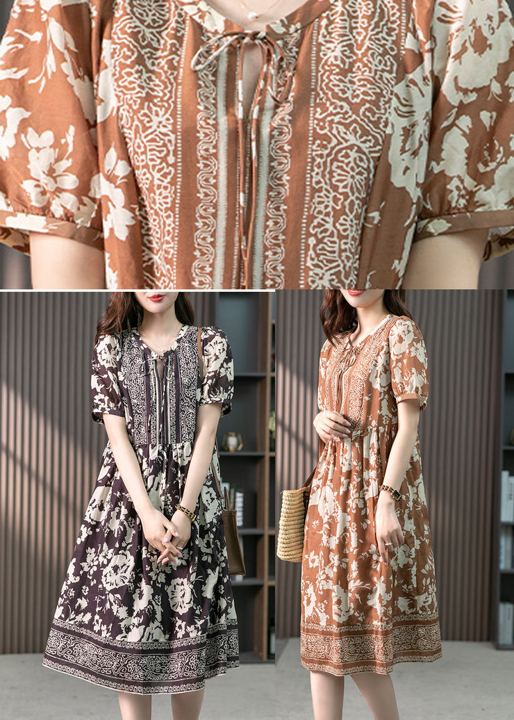 Women Coffee O-Neck Print Patchwork Silk Long Dress Summer