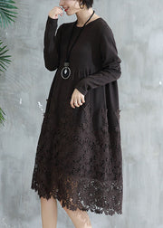 Women Coffee O Neck Wrinkled Lace Patchwork Knit Dress Fall