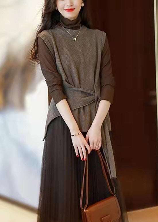 Women Chocolate O-Neck asymmetrical design thick Knit vest Sleeveless