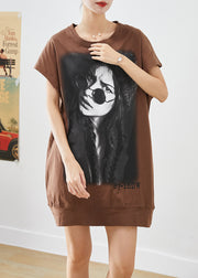 Women Coffee Oversized Print Cotton Maxi Dresses Summer