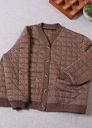 Frauen Kaffee Patchwork Feine Baumwolle gefüllte Jacke im Winter V-Ausschnitt