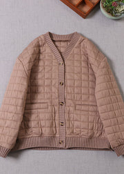 Frauen Kaffee Patchwork Feine Baumwolle gefüllte Jacke im Winter V-Ausschnitt