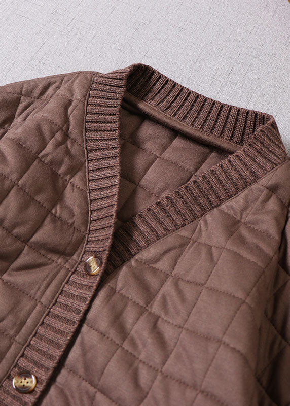 Women Chocolate Patchwork Fine Cotton Filled Jacket In Winter V Neck