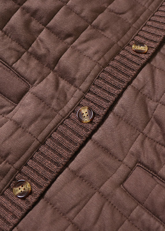 Women Chocolate Patchwork Fine Cotton Filled Jacket In Winter V Neck