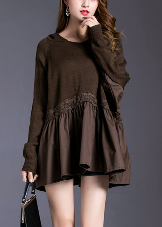 Women Chocolate Patchwork Loose Knit Pullover Spring