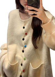 Women Coffee Pockets Button Solid Cotton Knit Sweaters Coats Fall
