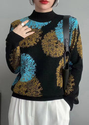 Women Coffee Print Patchwork Cozy Knit Top Long Sleeve