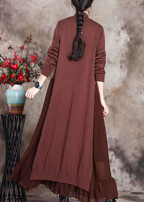 Damen Kaffee Print Patchwork Slim Fit Herbst Pullover Kleid