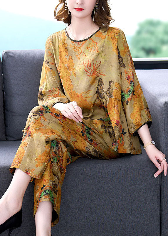 Women Coffee Print Wrinkled Tops And Pants Silk Two-Piece Set Summer