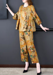 Women Coffee Print Wrinkled Tops And Pants Silk Two-Piece Set Summer