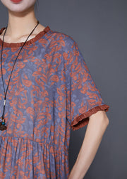 Women Coffee Ruffled Patchwork Print Silk Long Dresses Summer