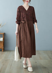Women Coffee Ruffled Tie Waist Oriental Linen Dresses Spring