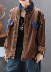 Women Chocolate Stand Collar Patchwork Corduroy Coats Spring