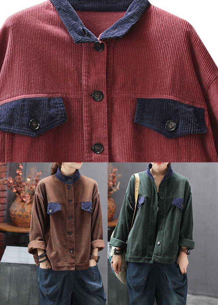 Women Chocolate Stand Collar Patchwork Corduroy Coats Spring