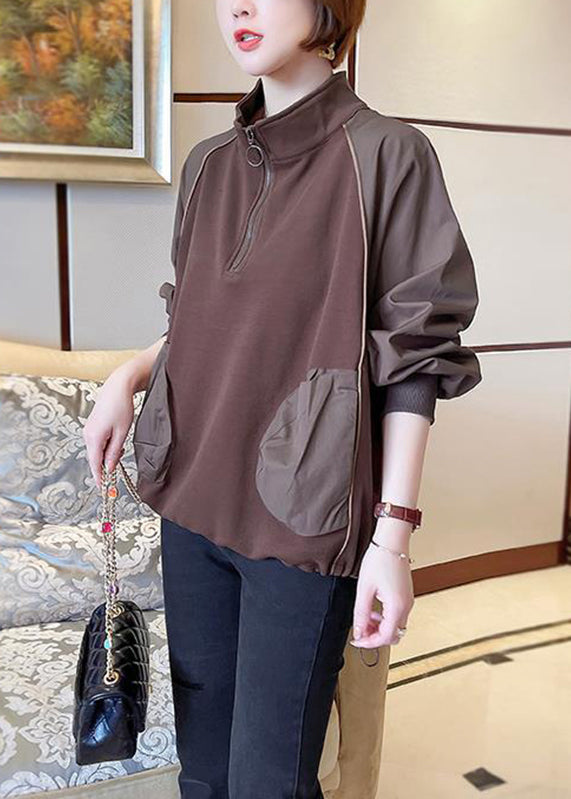 Women Chocolate Stand Collar Patchwork Zippered Sweatshirts Long Sleeve