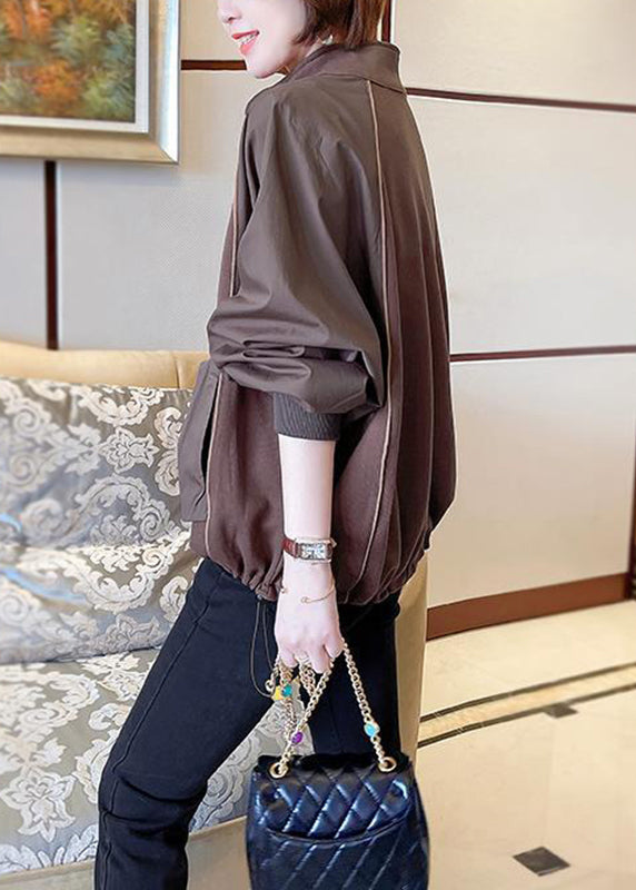 Women Chocolate Stand Collar Patchwork Zippered Sweatshirts Long Sleeve